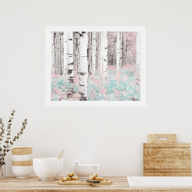 PixDezines Winter Birch Forest Blue Ferns Bed Poster (Kitchen)
