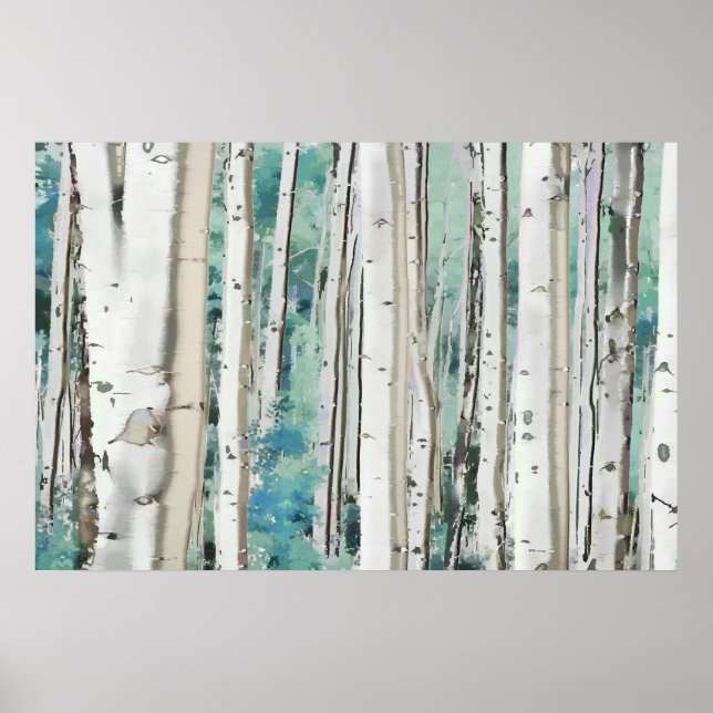 PixDezines Winter Silver Birch Forest Teal Green Poster (Front)