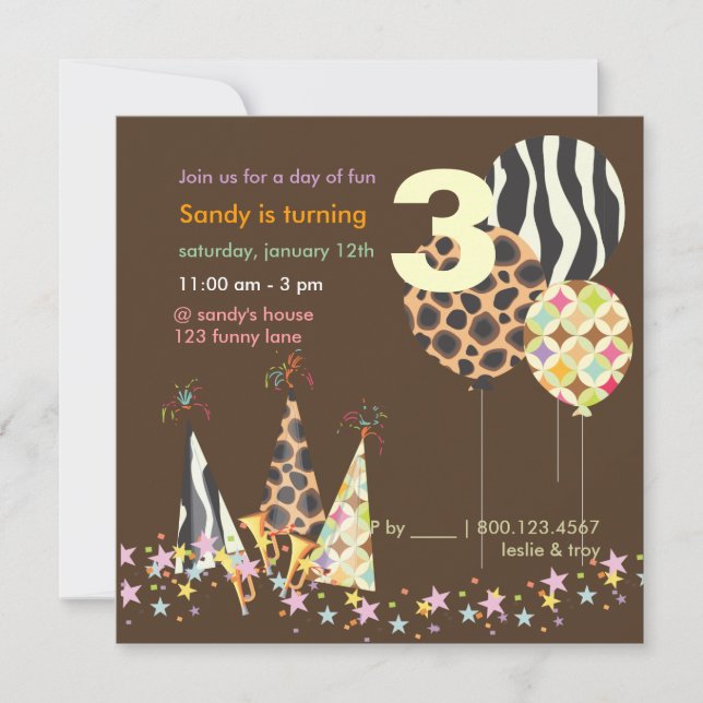 PixDezines Zebra Balloons Birthday Invitations (Front)