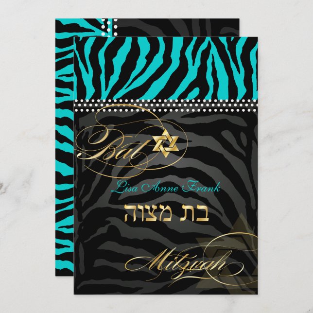 PixDezines Zebra Bat Mitzvah/DIY Colour Aqua Invitation (Front/Back)