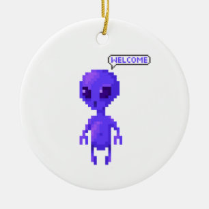 Pixel Alien Welcome Gaming Ceramic Ornament