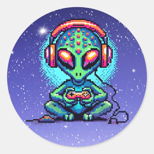 Pixel Art Alien playing Video Games Classic Round Sticker (Front)