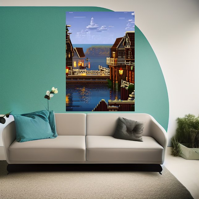 Pixel art, American town near the ocean | AI Art Poster (Creator Uploaded)