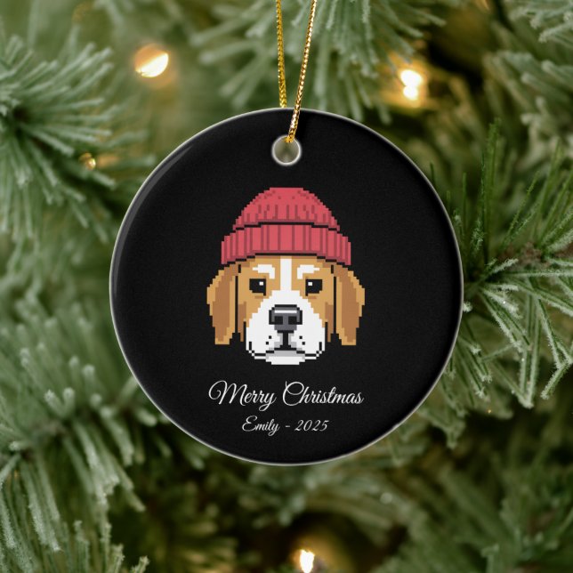 Pixel Art Beagle Dog Winter Hat Ceramic Ornament (Tree)