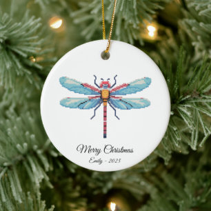 Pixel Art Blue Dragonfly Insect Art Christmas Gift Ceramic Ornament