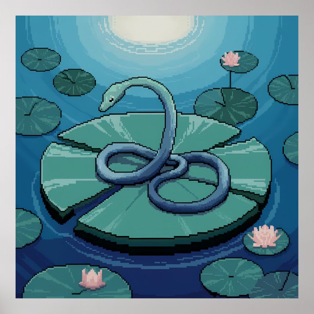 Pixel Art Blue Snake on Lily Pad Poster (Front)