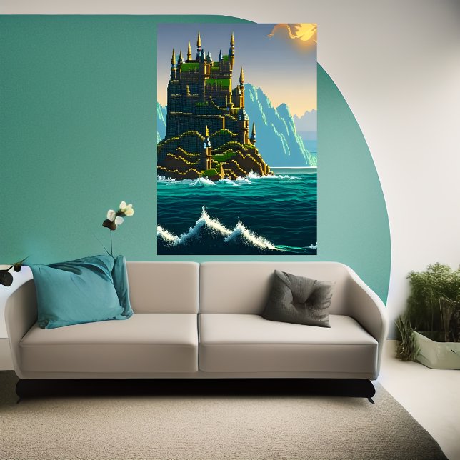 Pixel art, Castle on rock in the sea | AI Art Poster (Creator Uploaded)