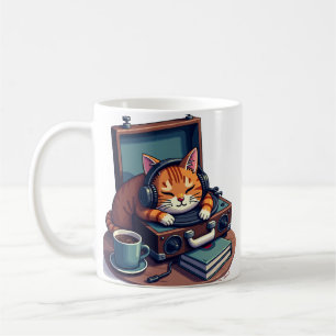 Pixel Art Cat Headphones Vinyl Records Tired Music Coffee Mug