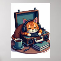 Pixel Art Cat Headphones Vinyl Records Tired Music