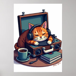 Pixel Art Cat Headphones Vinyl Records Tired Music Poster