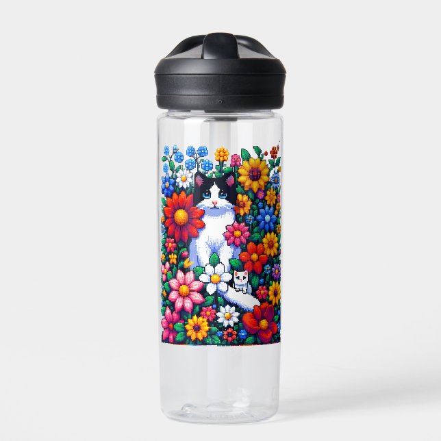 Pixel Art Cat, Kitten and Flowers Personalised Water Bottle (Front)