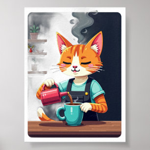 Pixel Art Coffee Addict Sticker Tired Barista Cat  Poster
