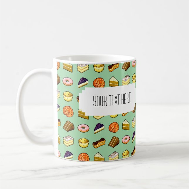 Pixel Art Delicious Cakes Pattern with Label Coffee Mug (Left)