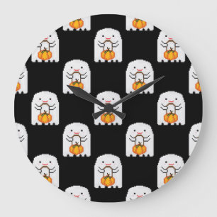 Pixel art ghost: Halloween pattern Large Clock