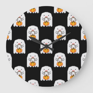 Pixel art ghost: Halloween pattern Large Clock
