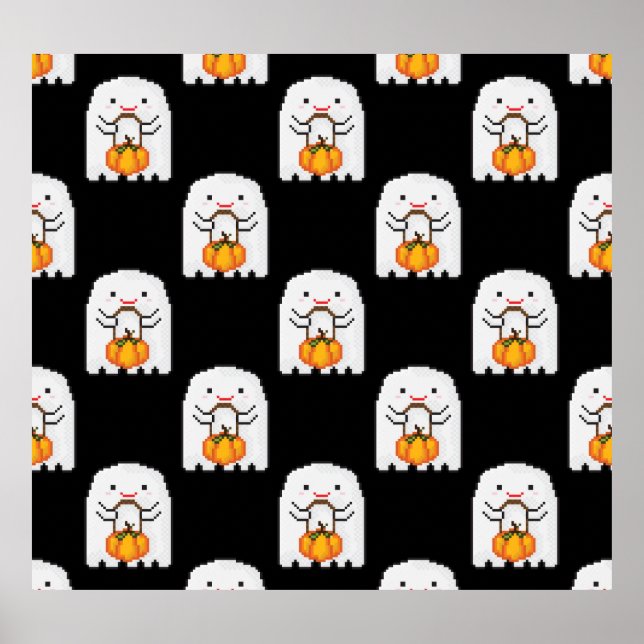 Pixel art ghost: Halloween pattern Poster (Front)
