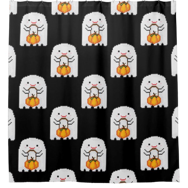 Pixel art ghost: Halloween pattern Shower Curtain (Front)
