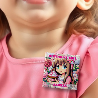Pixel Art Girl's Pink Birthday Girl Personalised 15 Cm Square Badge