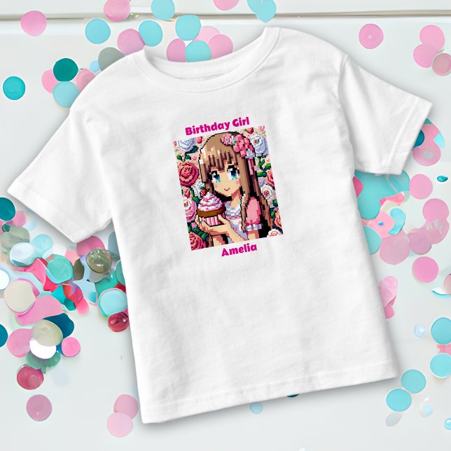 Pixel Art Girl's Pink Birthday Girl Personalised Toddler T-Shirt (Creator Uploaded)