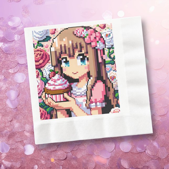 Pixel Art Girl's Pink Birthday Party Napkin (Creator Uploaded)