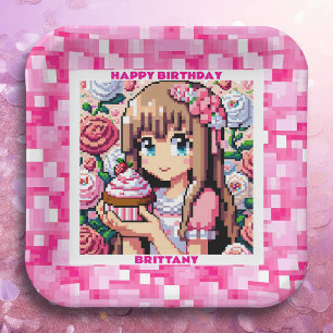 Pixel Art Girl's Pink Birthday Party Personalised Paper Plate