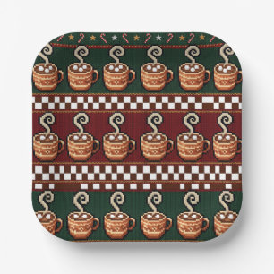 Pixel Art Hot Cocoa Christmas Pattern Paper Plate