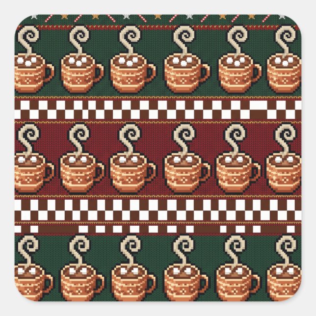 Pixel Art Hot Cocoa Christmas Pattern Square Sticker (Front)