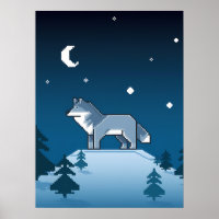 Pixel Art Lone Wolf Under the Moon
