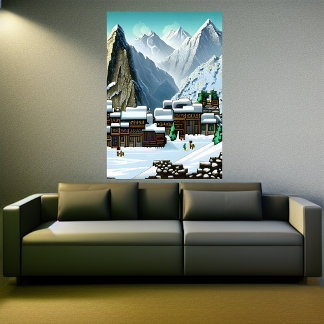Pixel art, Mountain village in the snow  | AI Art Poster