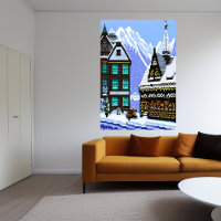 Pixel art, Norwegian town snowy mountain | AI Art 