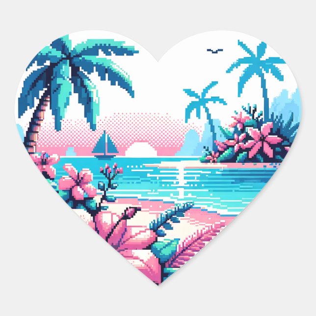 Pixel Art Ocean Pink and Blue Tropical Art Heart Sticker (Front)