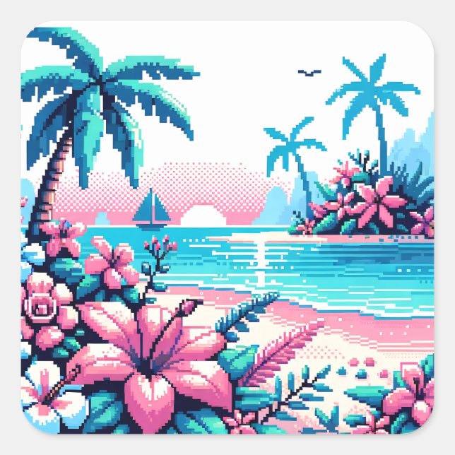 Pixel Art Ocean Pink and Blue Tropical Art Square Sticker (Front)