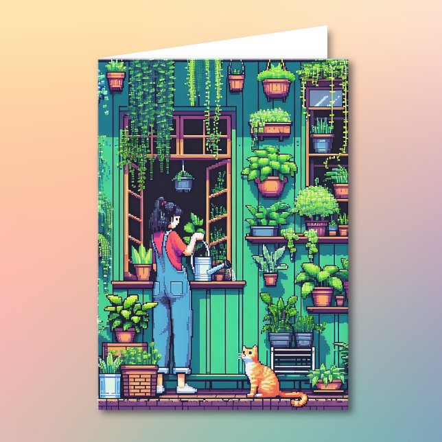 Pixel Art Plant Lover Birthday | Colouring Page Card (Creator Uploaded)