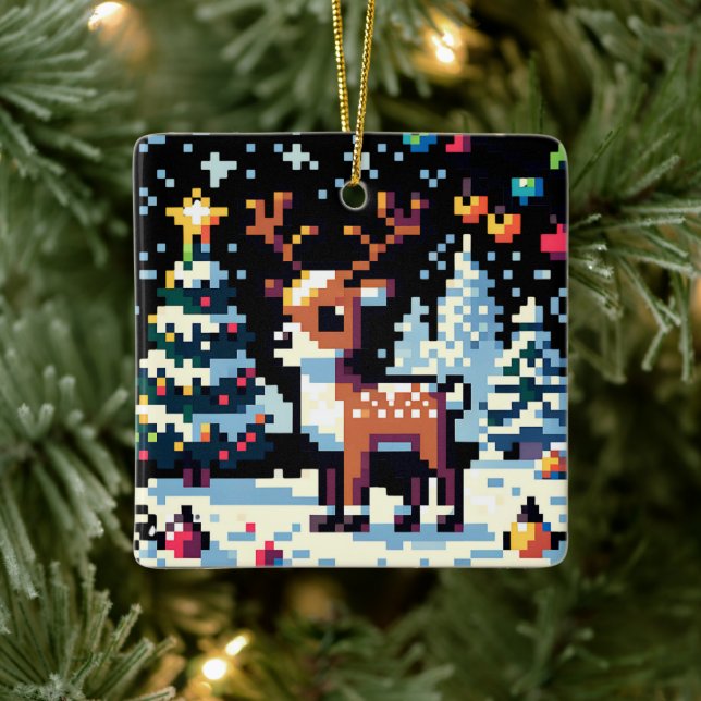 Pixel Art Reindeer in the Snow Christmas  Ceramic Ornament (Tree)