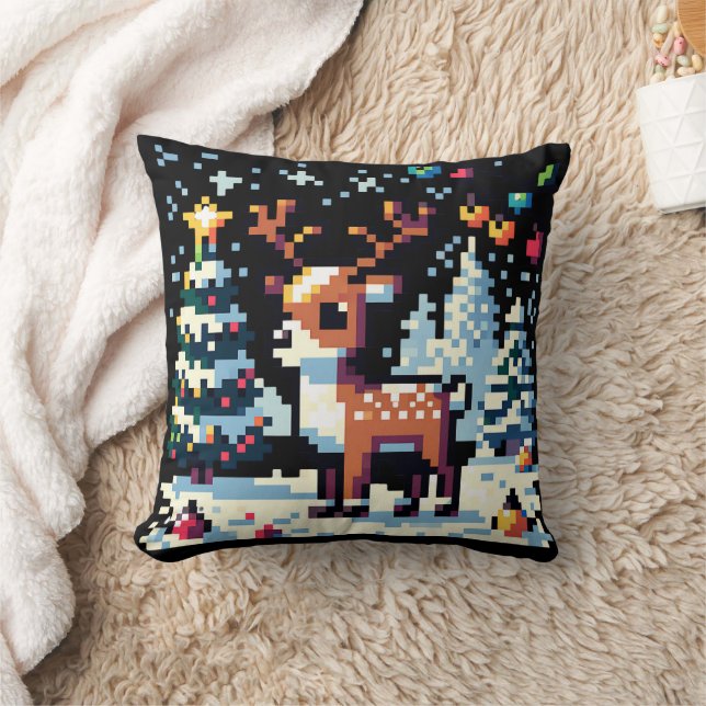 Pixel Art Reindeer in the Snow Christmas  Cushion (Blanket)