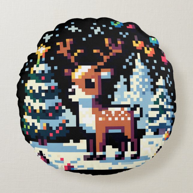 Pixel Art Reindeer in the Snow Christmas  Round Cushion (Front)