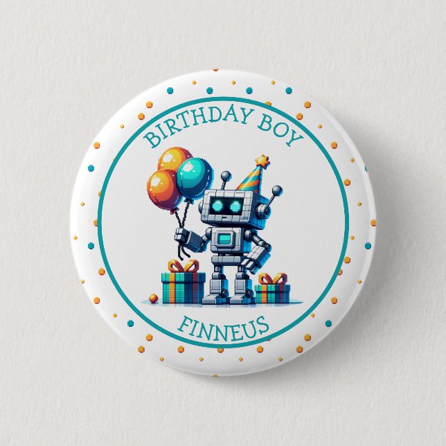 Pixel Art Robot in Orange and Teal Birthday Boy 6 Cm Round Badge (Front)