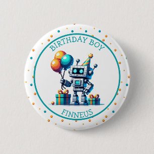Pixel Art Robot in Orange and Teal Birthday Boy 6 Cm Round Badge