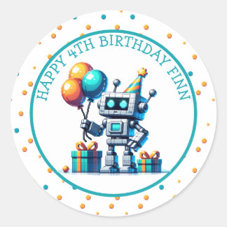 Pixel Art Robot in Orange and Teal Birthday  Classic Round Sticker