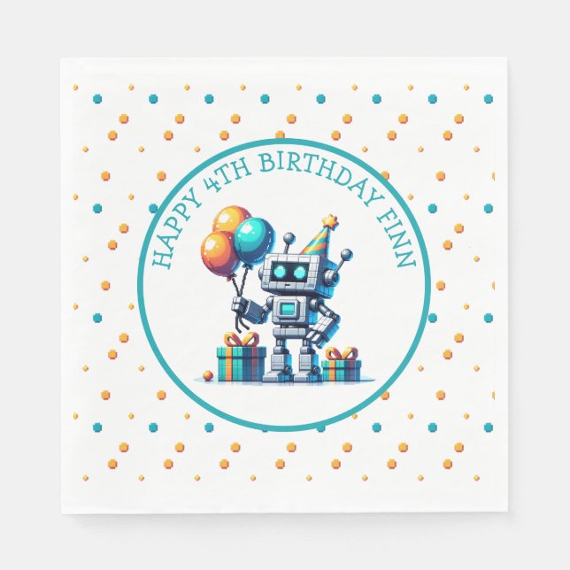 Pixel Art Robot in Orange and Teal Birthday  Napkin (Front)