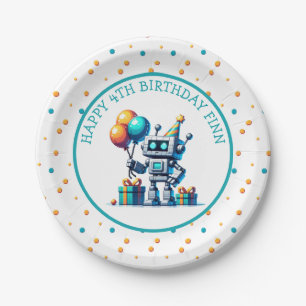 Pixel Art Robot in Orange and Teal Birthday  Paper Plate