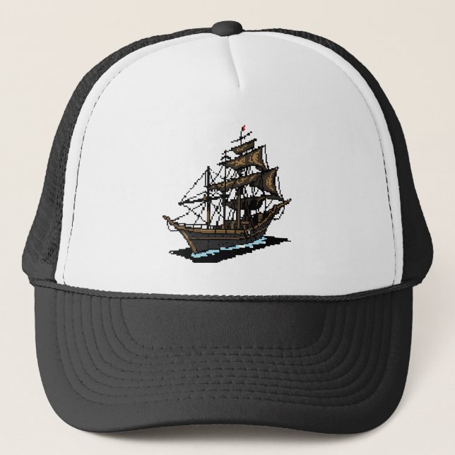Pixel Art Sailing Ship on Water Trucker Hat (Front)