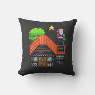 Pixel Art Santa on Rooftop Christmas House Scene Cushion