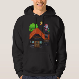 Pixel Art Santa on Rooftop Christmas House Scene Hoodie