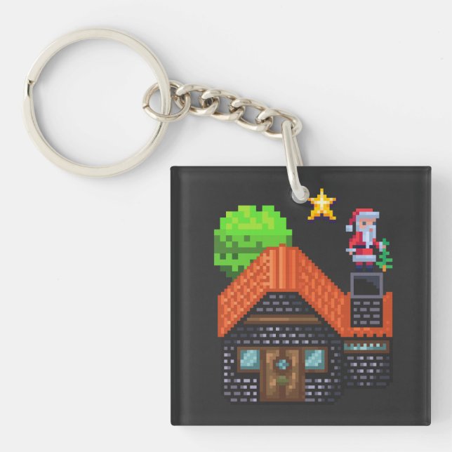 Pixel Art Santa on Rooftop Christmas House Scene Key Ring (Front)