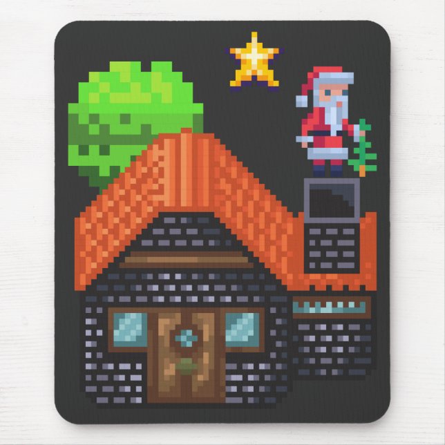 Pixel Art Santa on Rooftop Christmas House Scene Mouse Pad (Front)