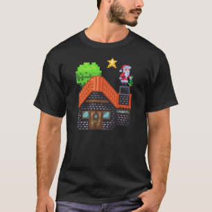 Pixel Art Santa on Rooftop Christmas House Scene T-Shirt