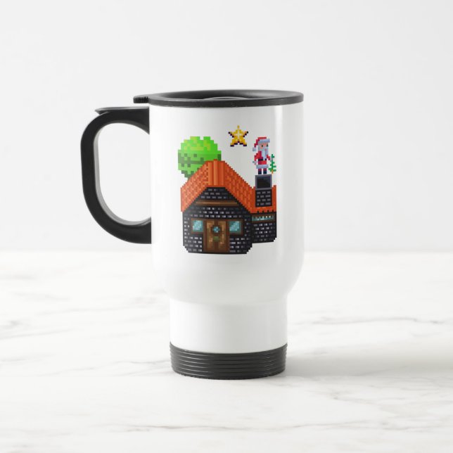 Pixel Art Santa on Rooftop Christmas House Scene Travel Mug (Left)