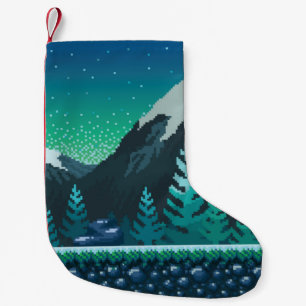 Pixel art seamless background. Location with snowy Small Christmas Stocking