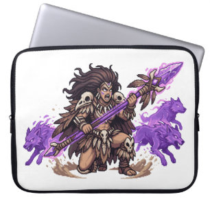 Pixel Art Shaman Warrior with Spirit Wolves Fantas Laptop Sleeve